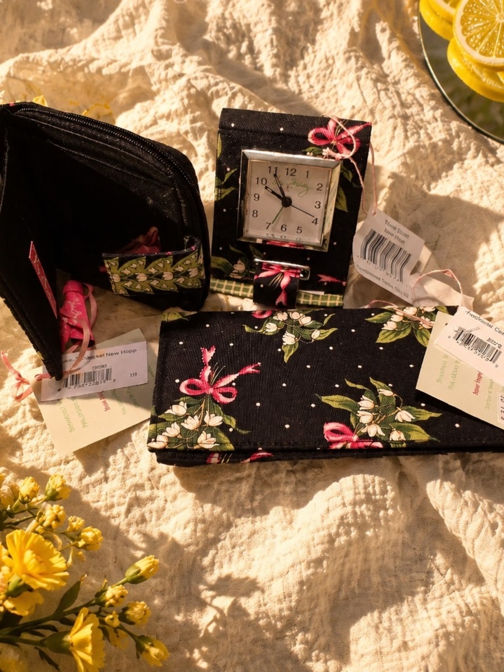 Vera Bradley Black Floral Foldable Wallet, Checkbook Holder&Clock Set-New-All 3